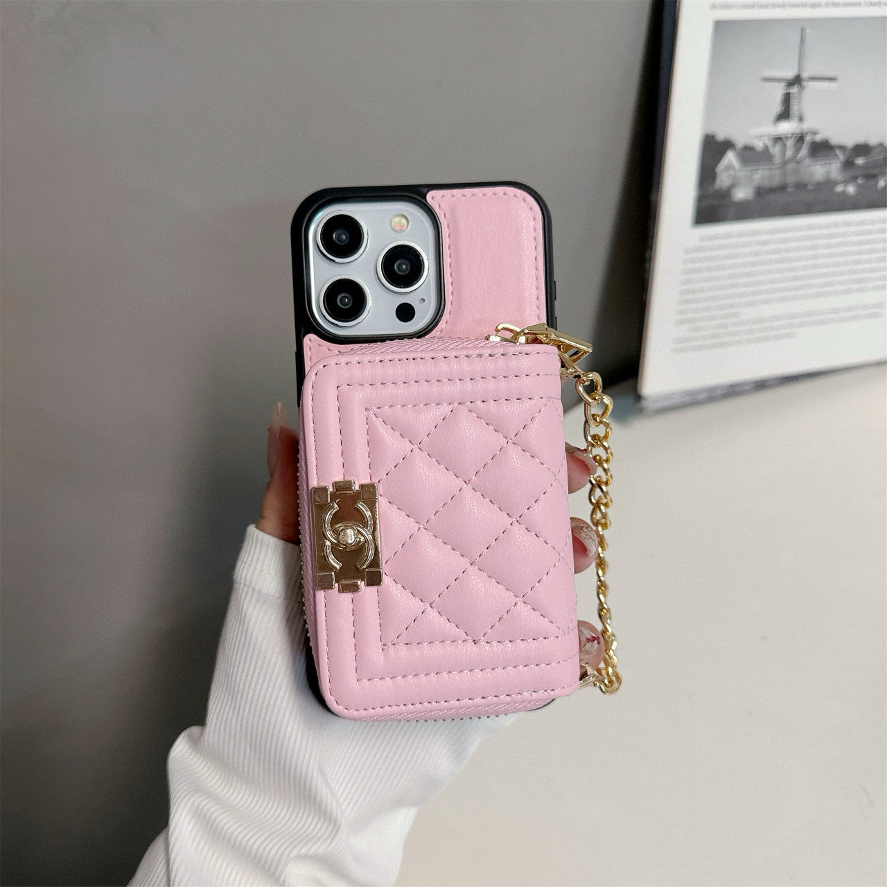Handyhülle mit Kartenhalter und Diamant-Gitter-Stickerei