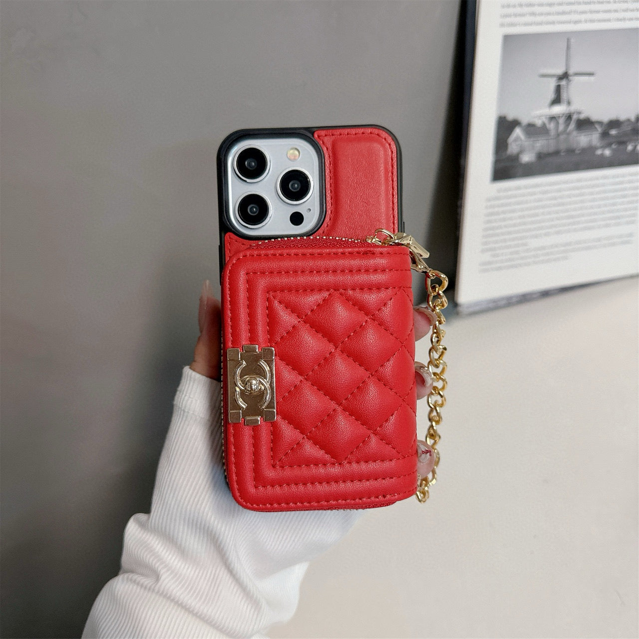 Handyhülle mit Kartenhalter und Diamant-Gitter-Stickerei